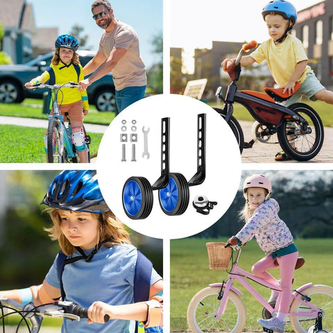 Collage showing kids using Bicycle Training Wheel Kit With Heavy Duty Support Bracket And Adjustable Wheel Design at home