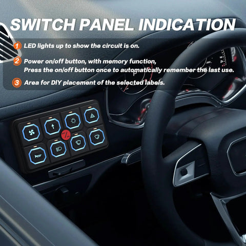 Vehicle dashboard displaying 8 Gang RGB LED Touch Switch Panel For 12 24V Vehicles Waterproof Dimmable With Memory Built For Cars