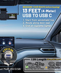 USB C Dash Cam Power Cable 13Ft 4M With 90 Degree USB A 2.0 To Type C Requires 5V 2.5A Input Replacement Power Supply shown in vehicle.
