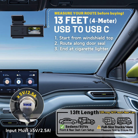 USB C Dash Cam Power Cable 13Ft 4M With 90 Degree USB A 2.0 To Type C Requires 5V 2.5A Input Replacement Power Supply shown in vehicle.