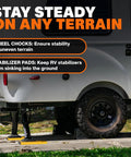 Complete Two Axle Travel Trailer Leveling And Stability Kit With Hitch Stand, Stabilizer Pads, Wheel Chocks, and Level