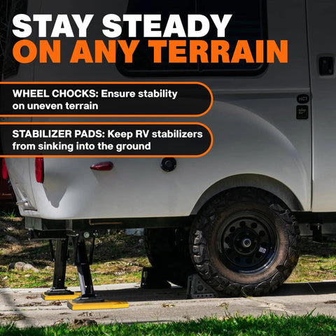 Complete Two Axle Travel Trailer Leveling And Stability Kit With Hitch Stand, Stabilizer Pads, Wheel Chocks, and Level