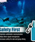 Underwater Signal Rattle Stick For Scuba Diving With Clip, Loud Audible Alert From Steel Balls shown with divers and safety benefits