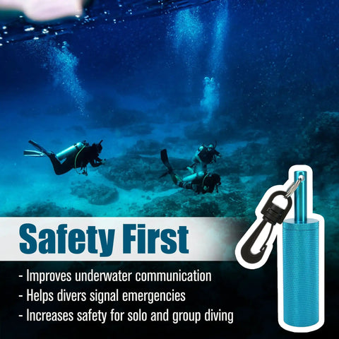 Underwater Signal Rattle Stick For Scuba Diving With Clip, Loud Audible Alert From Steel Balls shown with divers and safety benefits