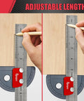 Rock Solid Stainless Steel Angle Protractor With Dead Accurate 0 To 180 Degree Readings For Woodworking Bench Projects Plus Integrated Straight Edge Marking Ruler, adjustable length for precise measurements.