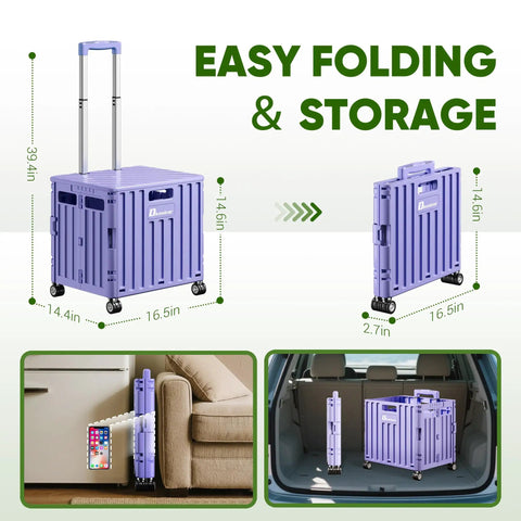 Beast Folding Utility Cart With Lid 65L Capacity Portable Rolling Cart collapsed and expanded view, purple