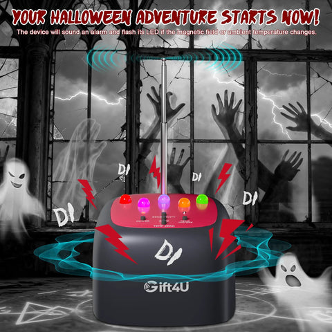 Pro Grade Ghost Hunting Gear For Paranormal Investigations With Real Time EMF Detector, LED Alerts And Audible Alarms To Capture Real Evidence Of Spirits. handheld EMF detector with LED lights and antenna in haunted room