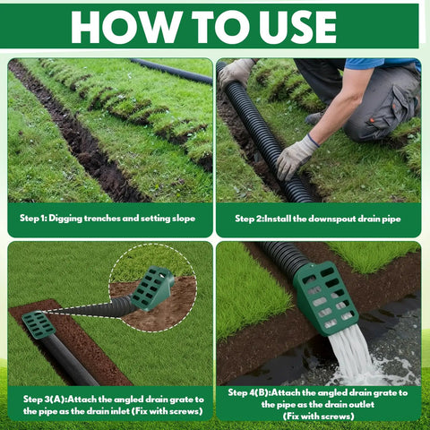 Installation steps for Angled Lawn Drain Grate 2 Pack, 4 Inch Green Yard Drainage Grate For Sump Pump Discharge And Downspout Extensions