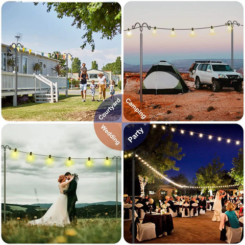 Two Pack String Light Poles With Seven Prong Steel Construction in various outdoor settings including camping, wedding and party
