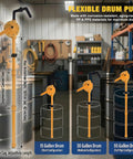 Heavy-Duty Barrel Pump Handles 15 To 55 Gallons in workshop, showcasing adjustable lengths and corrosion-resistant polypropylene.