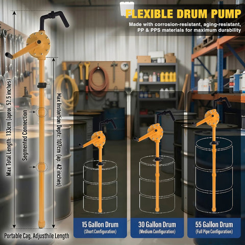 Heavy-Duty Barrel Pump Handles 15 To 55 Gallons in workshop, showcasing adjustable lengths and corrosion-resistant polypropylene.