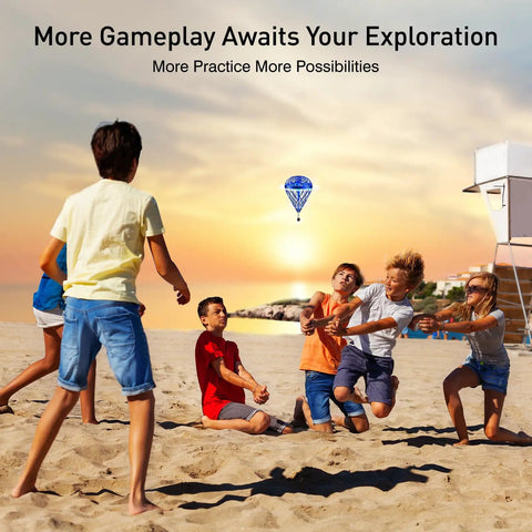 Kids playing on beach with Latest Dope Flying Toy With AI Motion Control And Contact Sensing Bounce Flip Flight Modes at sunset.
