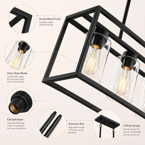 Detailed view of Dope 3 Light Dining Room Fixture With Modern Farmhouse Vibe Linear Rectangular Kitchen Island Lighting Industrial Vintage Pendant With Clear Glass Shade, highlighting components.