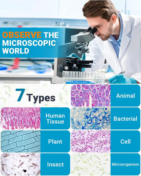 Scientist using microscope with Ultra Clear Microscope Slides and Covers Kit Featuring 100 Blank Pre Cleaned Glass Slides for diverse samples