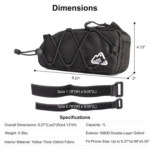 Black Front Frame Top Tube Bag 1L with dual side storage and quick access phone pocket, dimensions and straps shown, suitable for bikes
