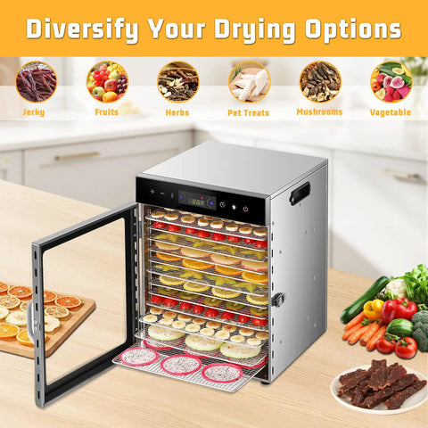Heavy Duty 12 Tray Electric Food Dehydrator For Slick Batch Prepping Of Jerky Dried Fruit Veggie Chips And Pup Chews With 800 Watt Heating Dual Fan Setup And Reliable Digital Timer Controls showing fruit and vegetables inside.