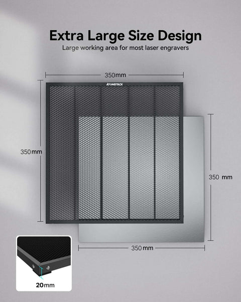 Front view of AtomStack F2N honeycomb laser work table, 350x350 mm, black metal frame