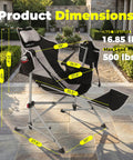 Oversized Hammock Camping Chair With Footrest, Swing Rocker Design in a garden, showing dimensions, net weight, and max load.