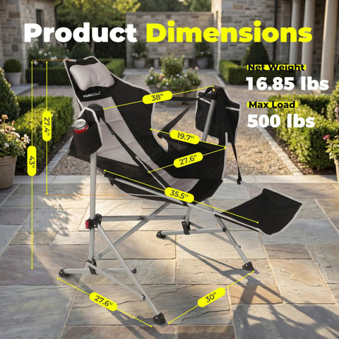 Oversized Hammock Camping Chair With Footrest, Swing Rocker Design in a garden, showing dimensions, net weight, and max load.