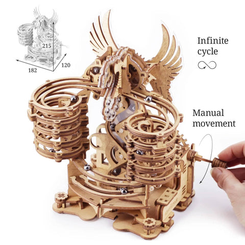Wooden Marble Run Dragon Kit Hands On 3D Mechanical Model With Marble Track And 15 Steel Balls being manually cranked
