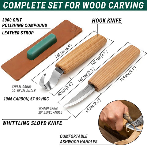 Score This Premium Wood Spoon Carving Knives Set featuring Razor Sharp Sloyd Blade and Precision Hook Knife for whittling.