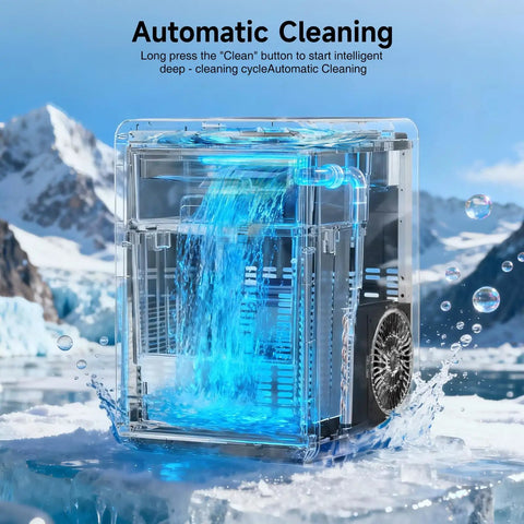Professional Heavy Duty Countertop Nugget Ice Maker with automatic cleaning feature and blue water flow.