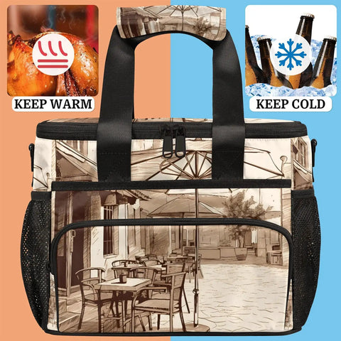 Insulated Picnic Backpack With Large Capacity For Food And Drinks showing keep warm, keep cold features, outdoor cafe design