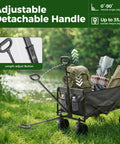 Collapsible Utility Wagon 102L Storage with adjustable handle, heavy duty folding cart, lockable brakes, packed for outdoor use.