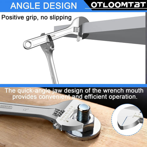 4 Piece Adjustable Wrench Set Featuring 6 8 10 12 Inch Wrenches, Industrial Grade Heavy Duty Chrome Vanadium Steel, Wide Jaw