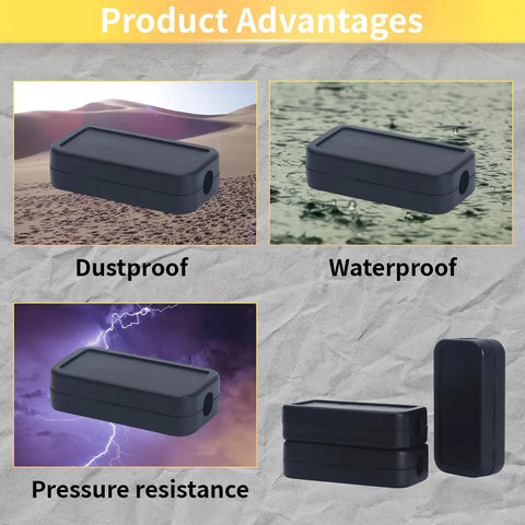 Waterproof Junction Box Enclosure 40mm X 20mm X 11mm illustrating durability with dustproof, waterproof, and pressure resistance images.