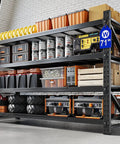 71 Inch Wide Monster Grade Heavy Duty Garage Storage Shelves With 5000 Lbs Capacity, 4 Adjustable Steel Shelves, Utility Rack For Basement, Warehouse, And Industrial Uses, Rugged Metal Organization Unit, loaded with bins and tools
