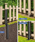 Six Pack Fence Post Repair Kit with Heavy Duty 33.6 Inch Ground Stakes shown installed in a wooden fence before and after repair