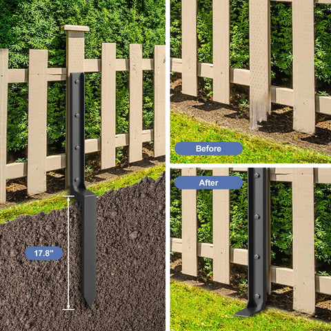 Six Pack Fence Post Repair Kit with Heavy Duty 33.6 Inch Ground Stakes shown installed in a wooden fence before and after repair