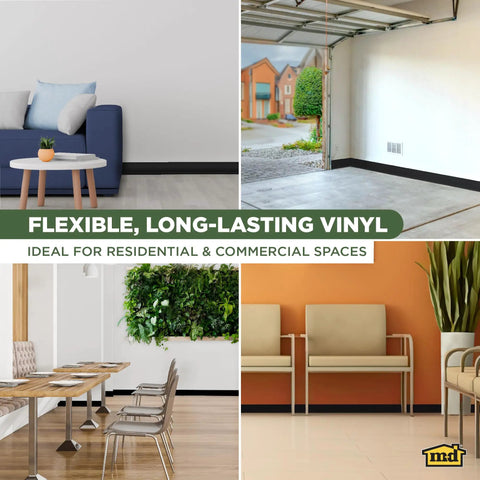 4 Inch Dry Back Vinyl Wall Base 60 Foot Roll Black Flexible Cove Base Molding For Floors And Baseboards in various settings