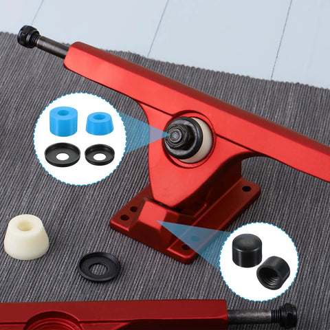 Detailed view of Skateboard Bushings 90A PU Longboard Truck Rebuild Kit With Cylinders Tapered Bushings Washers And Pivot Cups Blue.