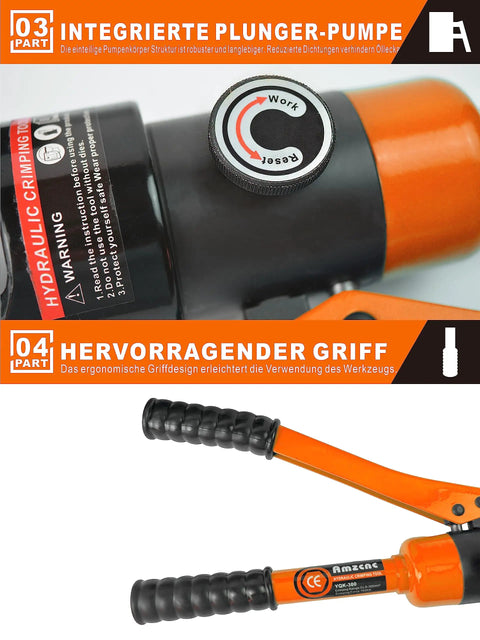 Hydraulic Wire Rope Crimping Tool Kit With 9 Die Sets For 12 AWG To 2/0 AWG Cables showing handles and control dial.