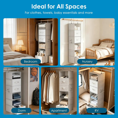 Versatile Six Shelf Hanging Closet Organizer With Split Shelf Design And Three Removable Drawers For Ultimate Flexibility Plus Four Mesh Storage Pockets displayed in various settings.