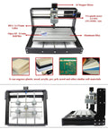3 Axis DIY CNC Router Kit With GRBL Offline Controller showing aluminum frame, stepper motor, spindle motor, and drill bits.