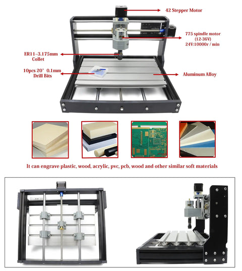 3 Axis DIY CNC Router Kit With GRBL Offline Controller showing aluminum frame, stepper motor, spindle motor, and drill bits.