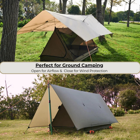 12 By 10 Ft Ultralight Camping Hammock Tarp Rainfly With Doors set up on grass, providing shade and shelter in wooded area.