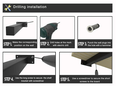 Drilling installation steps for Heavy Duty 8 Inch Black Shelf Brackets Set Of 4 Industrial Floating Wall Mounted Shelving Supports.