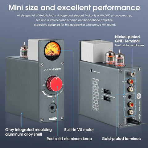 Dope Tube Phono Preamp T4 Plus For MM And MC Turntables, Warm Analog Vacuum Tube Sound, Preamplifier With Headphone Amp, Aux Input, VU Meter, Retro HiFi Vibe For Vinyl Lovers, gray alloy shell front view