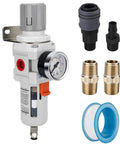 Half Inch NPT Compressed Air Filter Regulator Combo With Piggyback Design, 5 Micron Brass Filter Element, Poly Bowl, Accessories