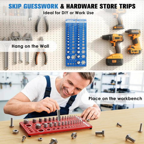 Man using 82 Nut And Bolt Thread Checker Kit With Standard And Metric Gauges For The Garage Or Shop on workbench and wall display