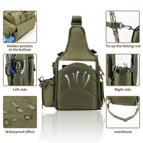 All Day Fishing Backpack With Water Resistant Tackle Bag Rod Holder And Multiway Carry Options showing pockets and rod attachment