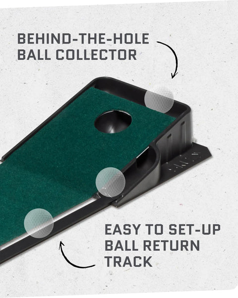 Accelerator Pro Indoor Golf Putting Mat With Auto Ball Return behind-the-hole ball collector and easy setup return track visible