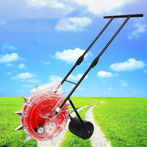 Multifunction Seed Planter And Fertilizer Spreader with Six Seed Plates Nine Nozzles in a field background
