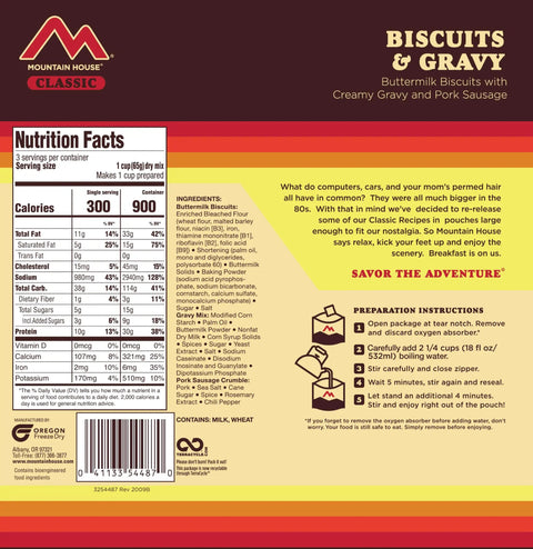 Classic Biscuits And Gravy Freeze Dried Camping Meal With 12 Servings And 30 Year Shelf Life packaging with nutritional information