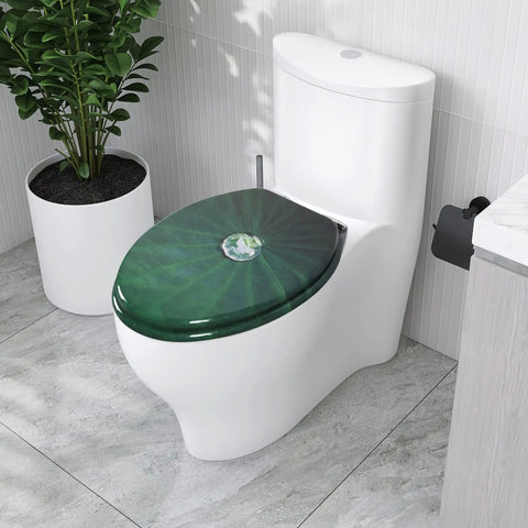 Elongated Toilet Seat With Quiet Close Hinges, MDF Wood Build, lotus leaf finish, installed on a white toilet