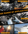 Image showing engine porting, frame burr finish, mechanical parts, welding, and fiberglass body applications for 52Pcs One Quarter Inch Sanding Burr Set With One Quarter Shank For Die Grinder Rotary Tools Aluminum Oxide Grinding Bits For Metal Stainless Steel Wood Fiberglass Welds Includes Cone Fillet Ball And Cylindrical Shaped Bits For Tight Spots.